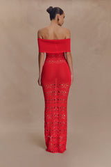 Solstice Off Shoulder Crochet Knit Maxi Dress - Blood Orange
