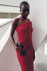 Edwina Knotted Mesh Maxi Dress - Red