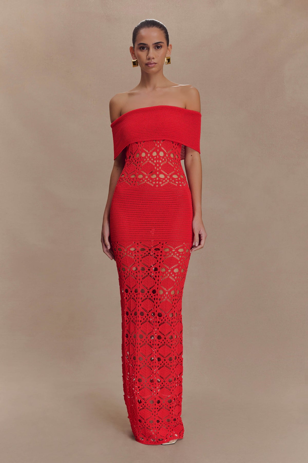 Solstice Off Shoulder Crochet Knit Maxi Dress - Blood Orange