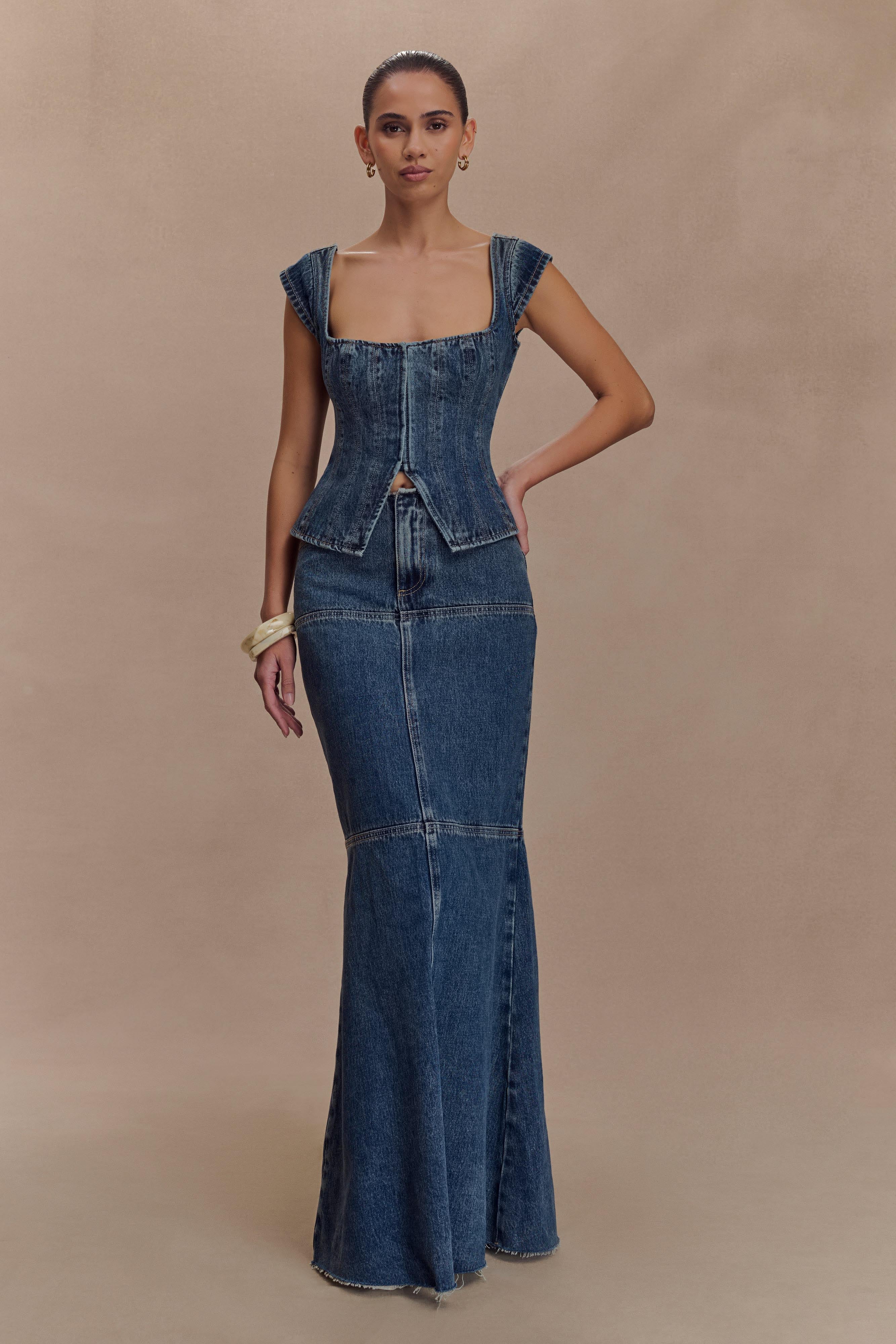 Loretta Denim Maxi Skirt - Washed Dark Blue
