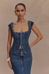 Loretta Cap Sleeve Denim Top - Washed Dark Blue