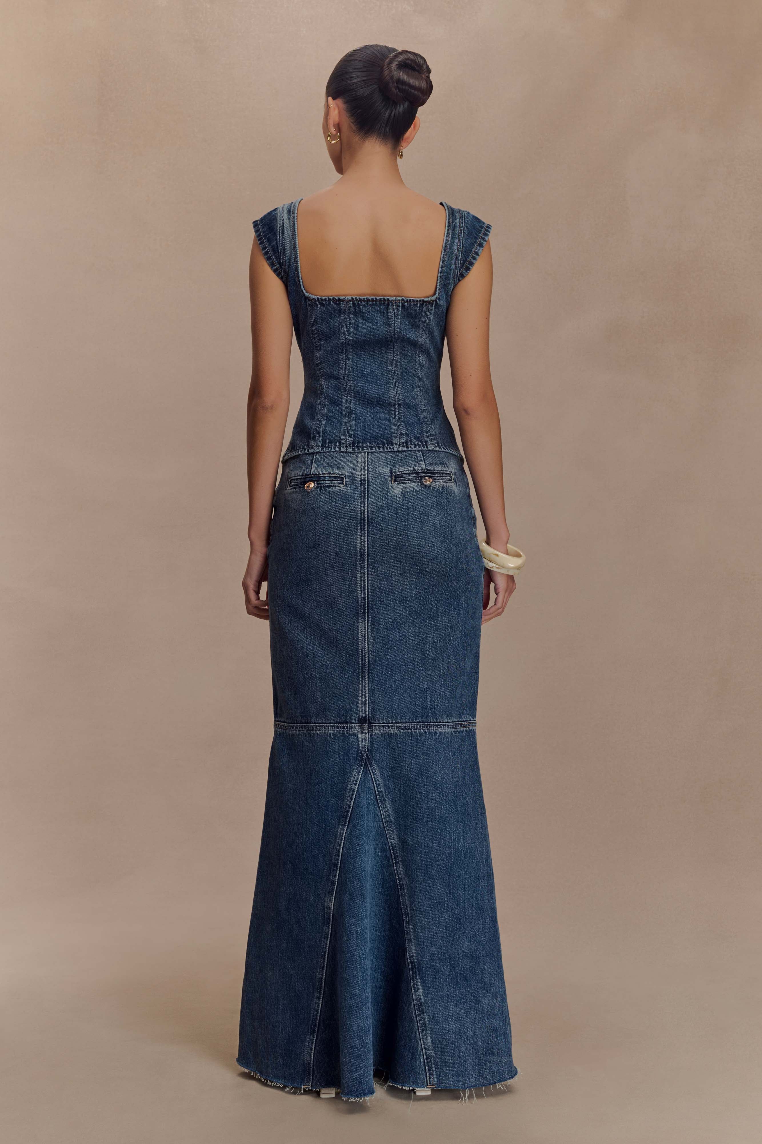 Loretta Cap Sleeve Denim Top - Washed Dark Blue