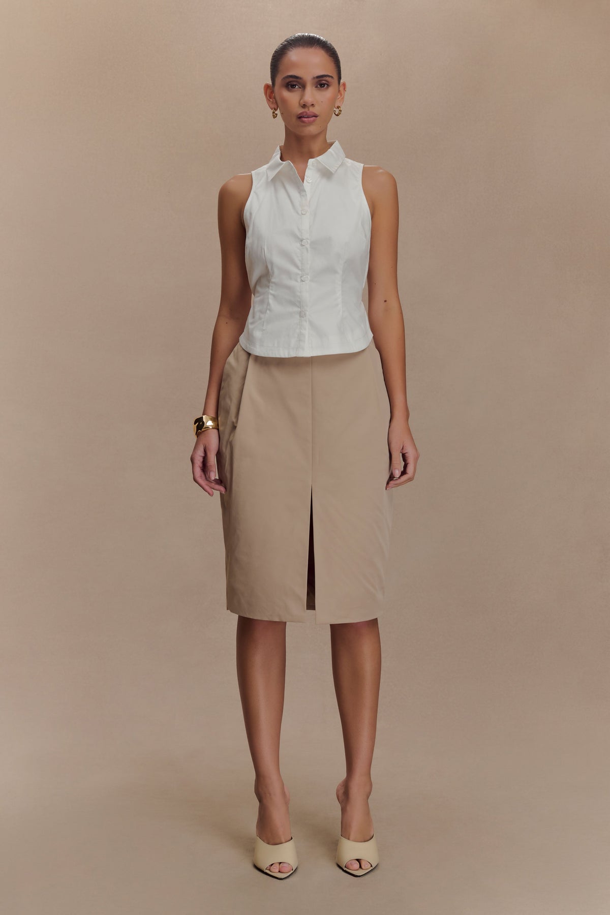 Vera Twill Split Front Midi Skirt - Camel