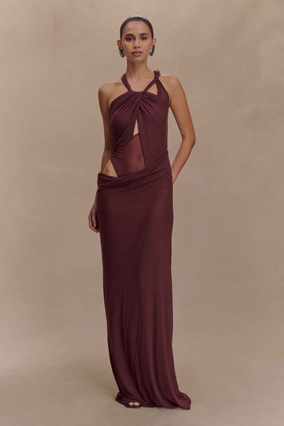 Edwina Knotted Mesh Maxi Dress - Mahogany