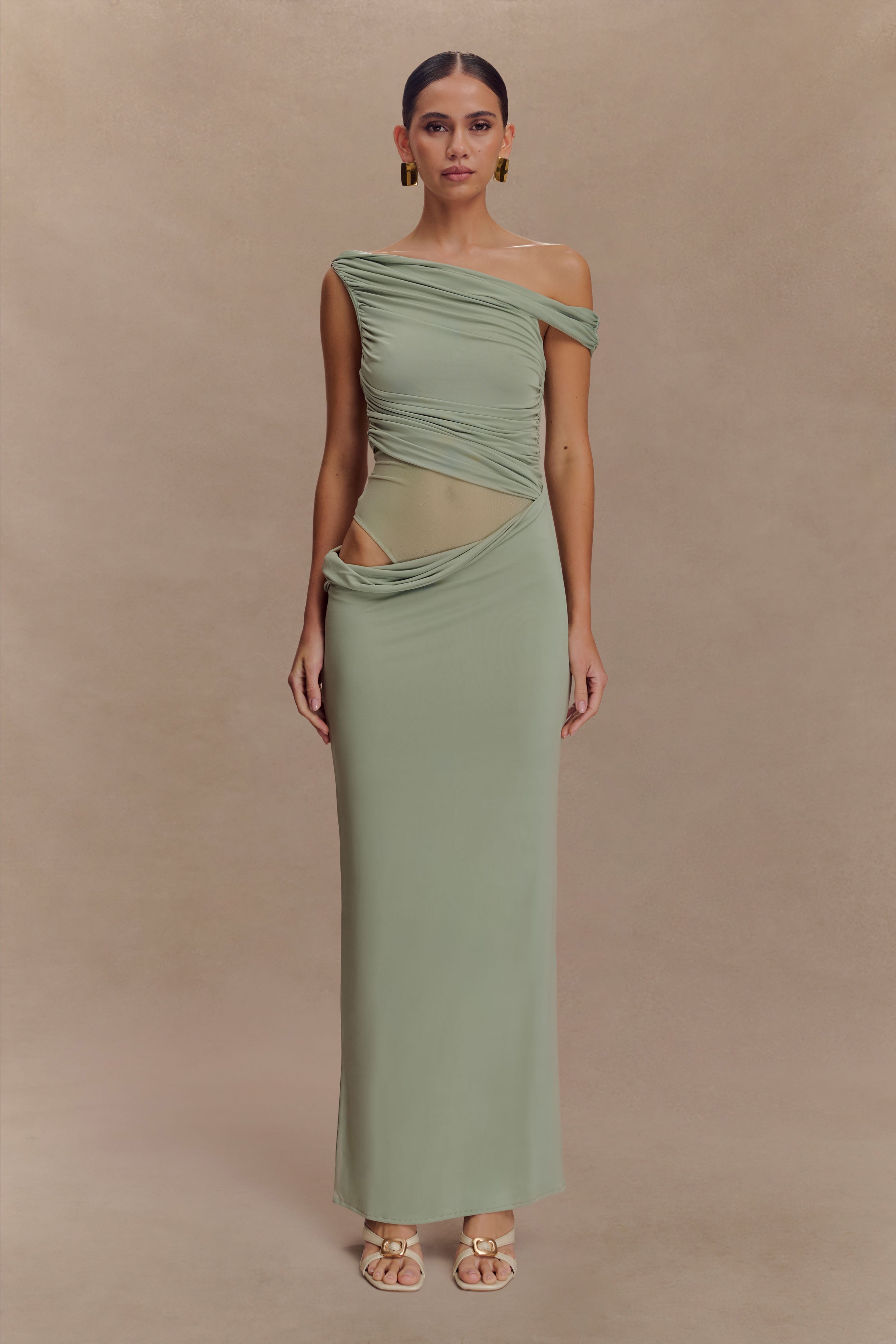 Callen One Shoulder Slinky Maxi Dress - Sage