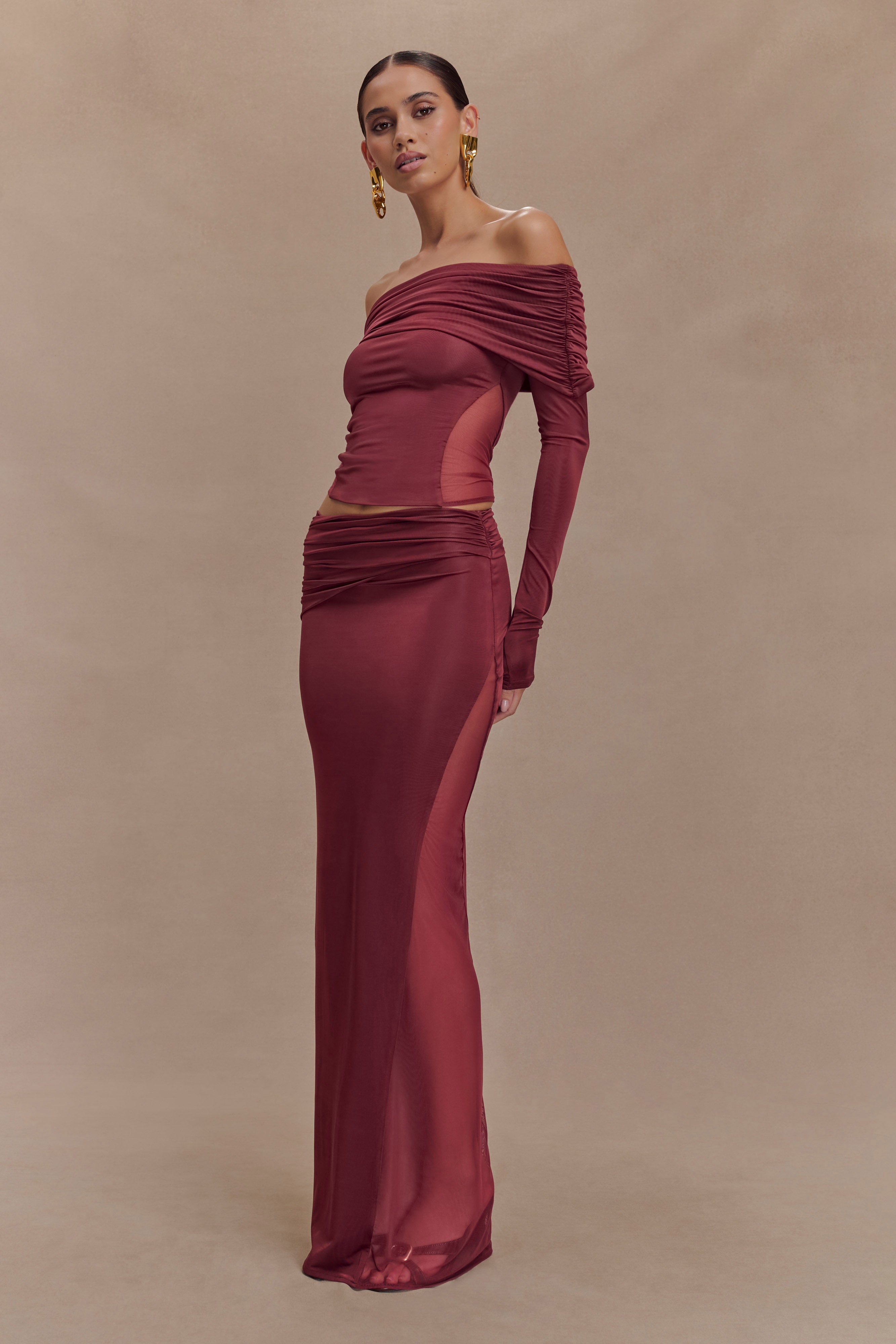 Judy Slinky And Mesh Maxi Skirt - Wine