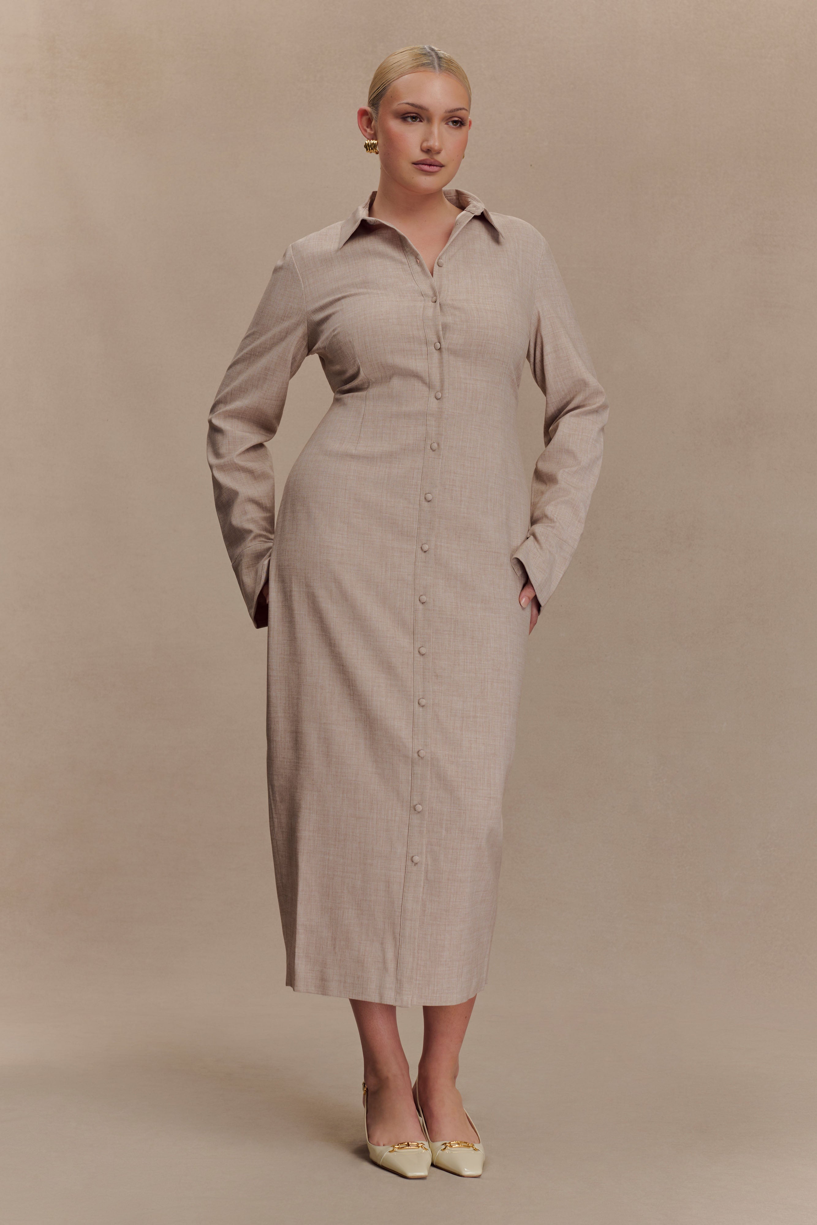 Dorian Fitted Shirt Midi Dress - Wheat Marle