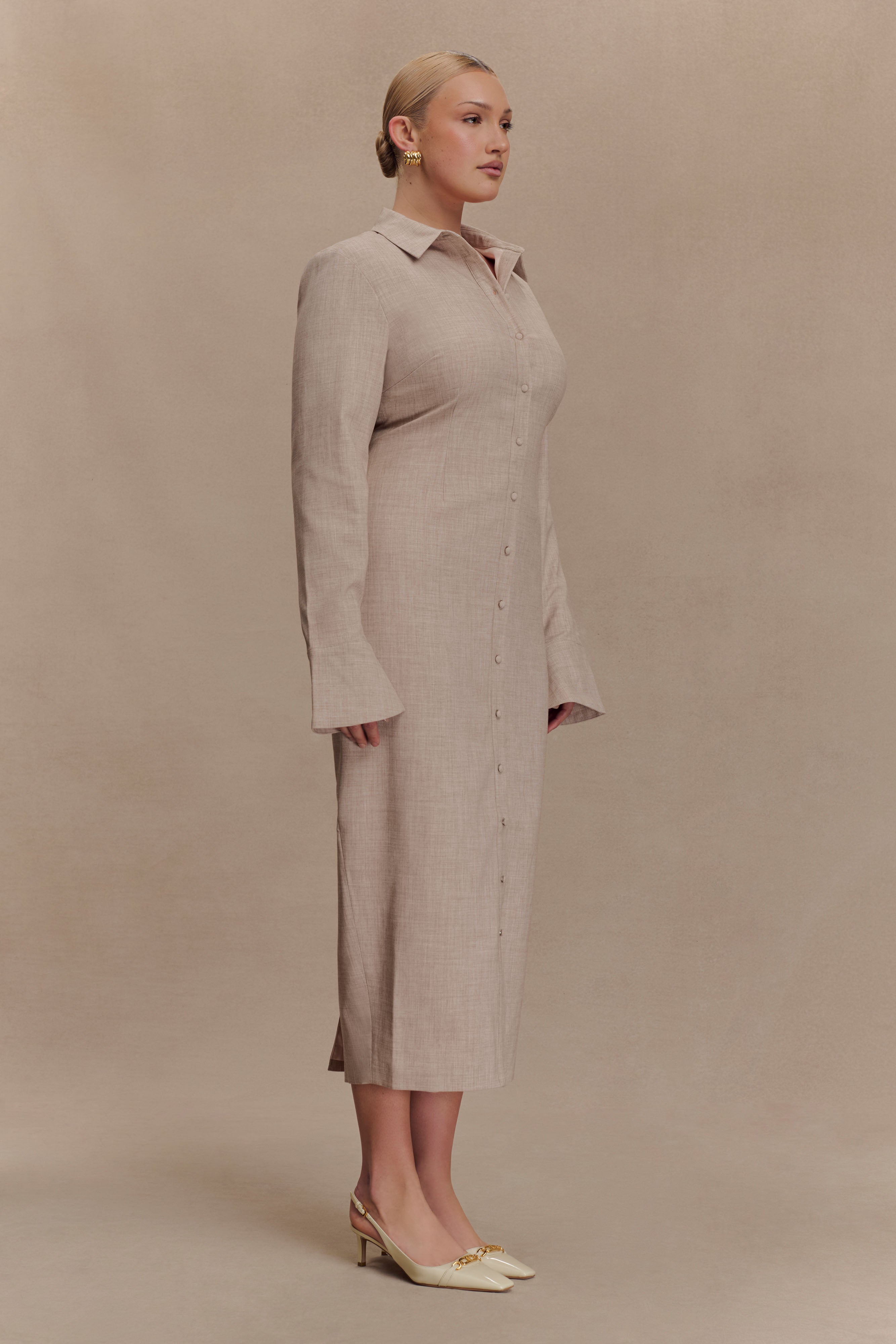Dorian Fitted Shirt Midi Dress - Wheat Marle