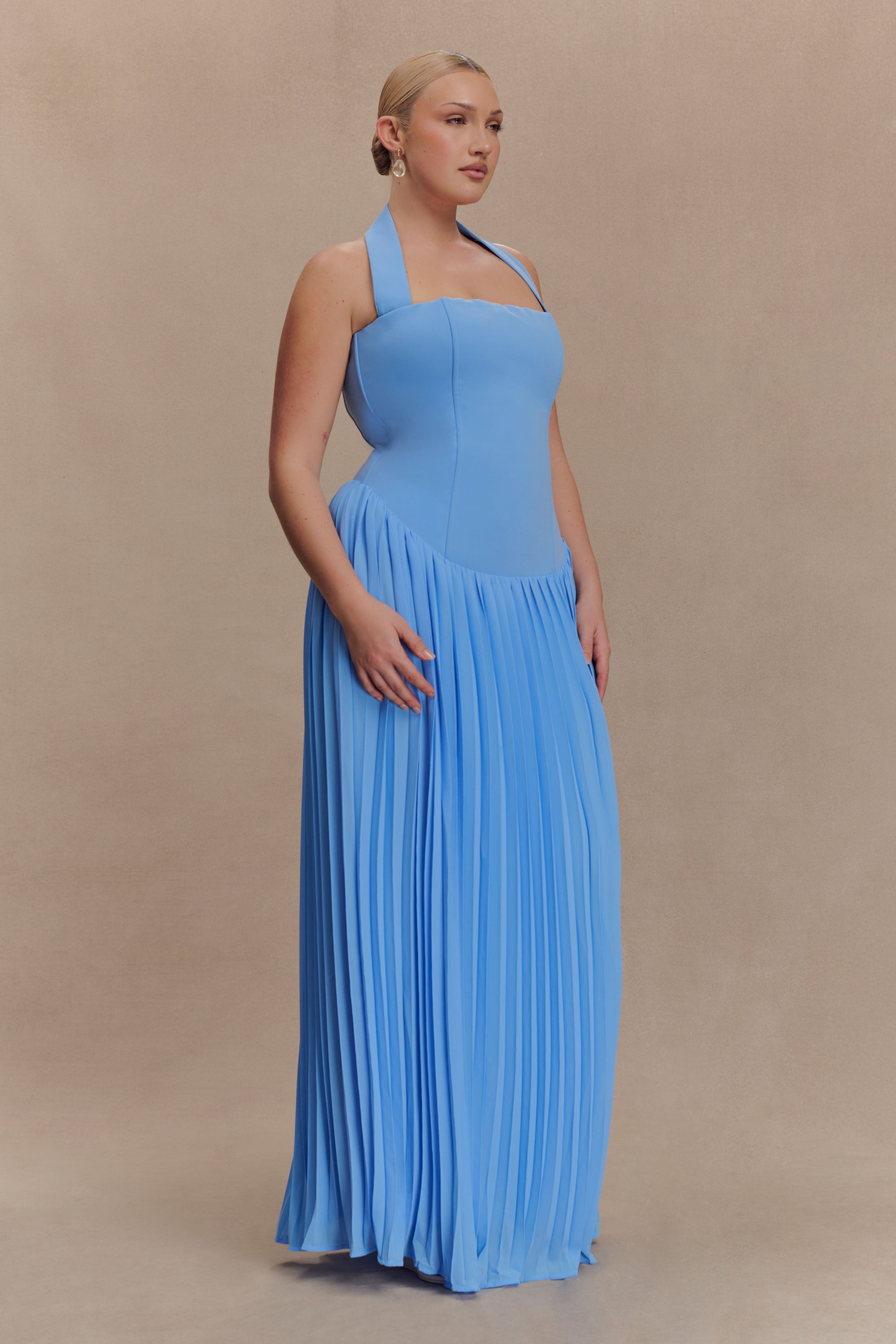 Stacie Pleated Halter Maxi Dress - Bright Blue
