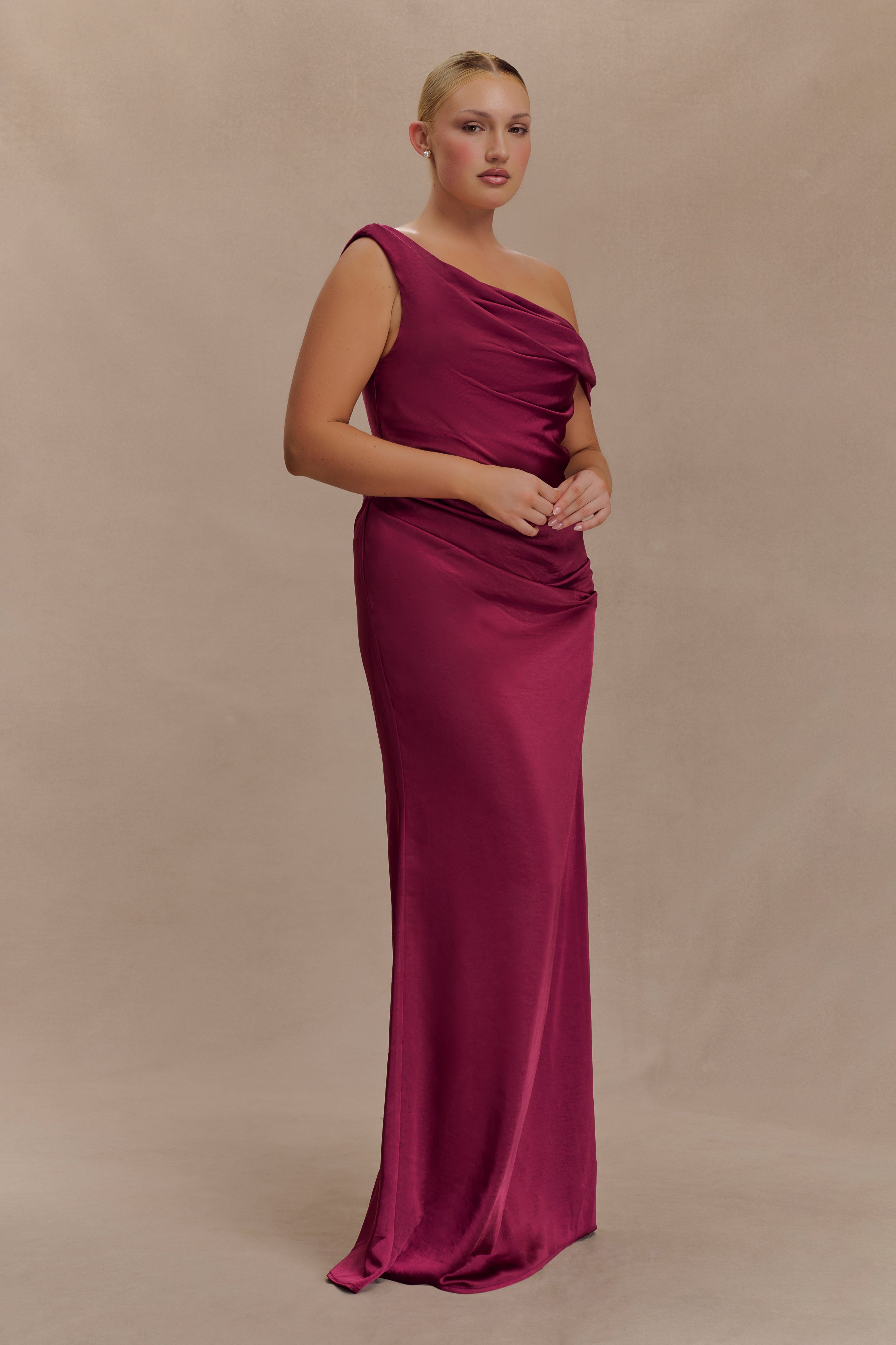 Dalia Off Shoulder Satin Maxi Dress - Mahogany