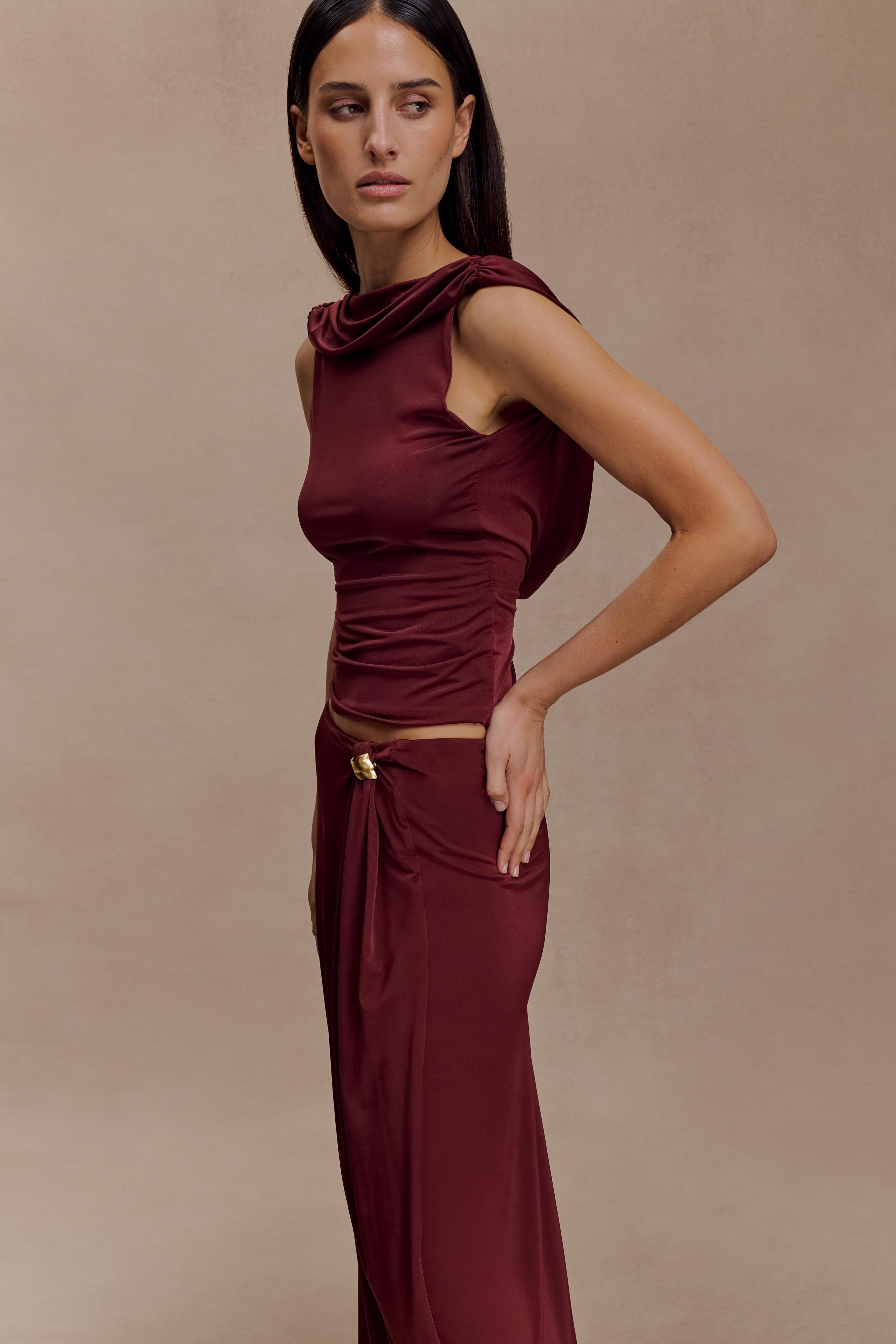 Bridget Slinky Maxi Skirt With Hardware - Burgundy
