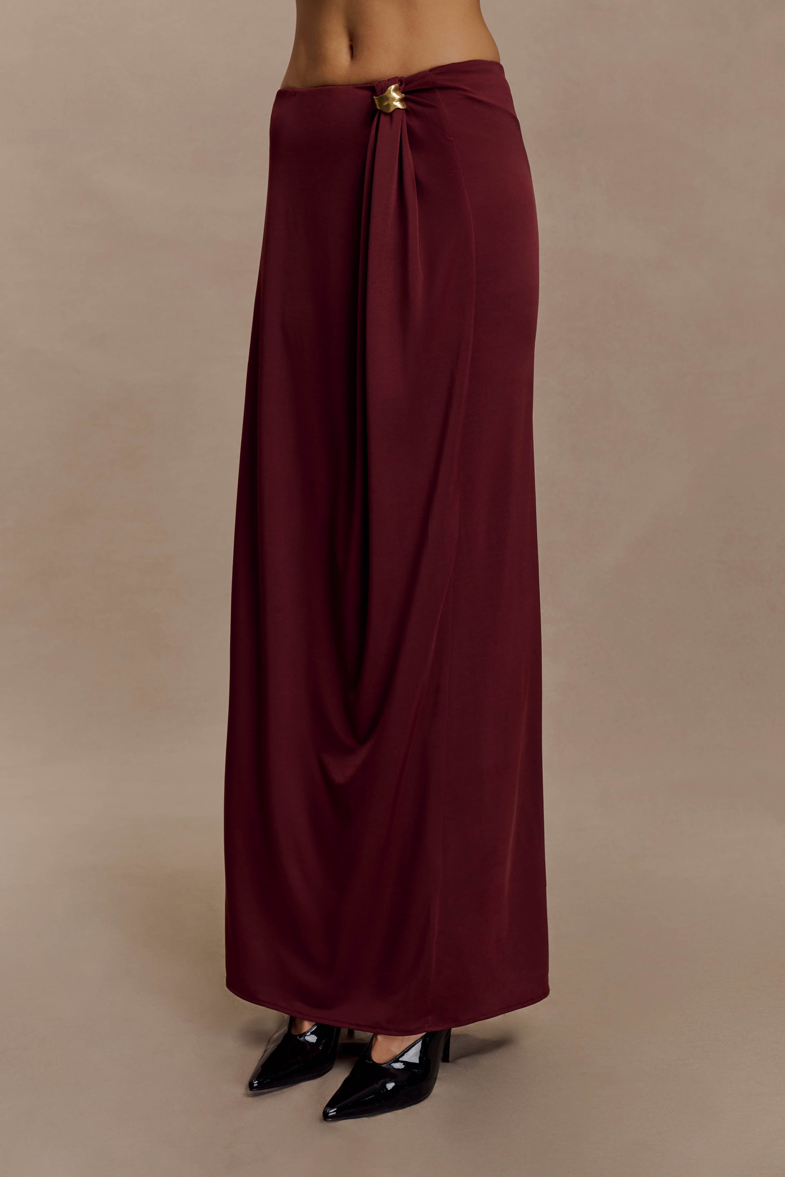 Bridget Slinky Maxi Skirt With Hardware - Burgundy