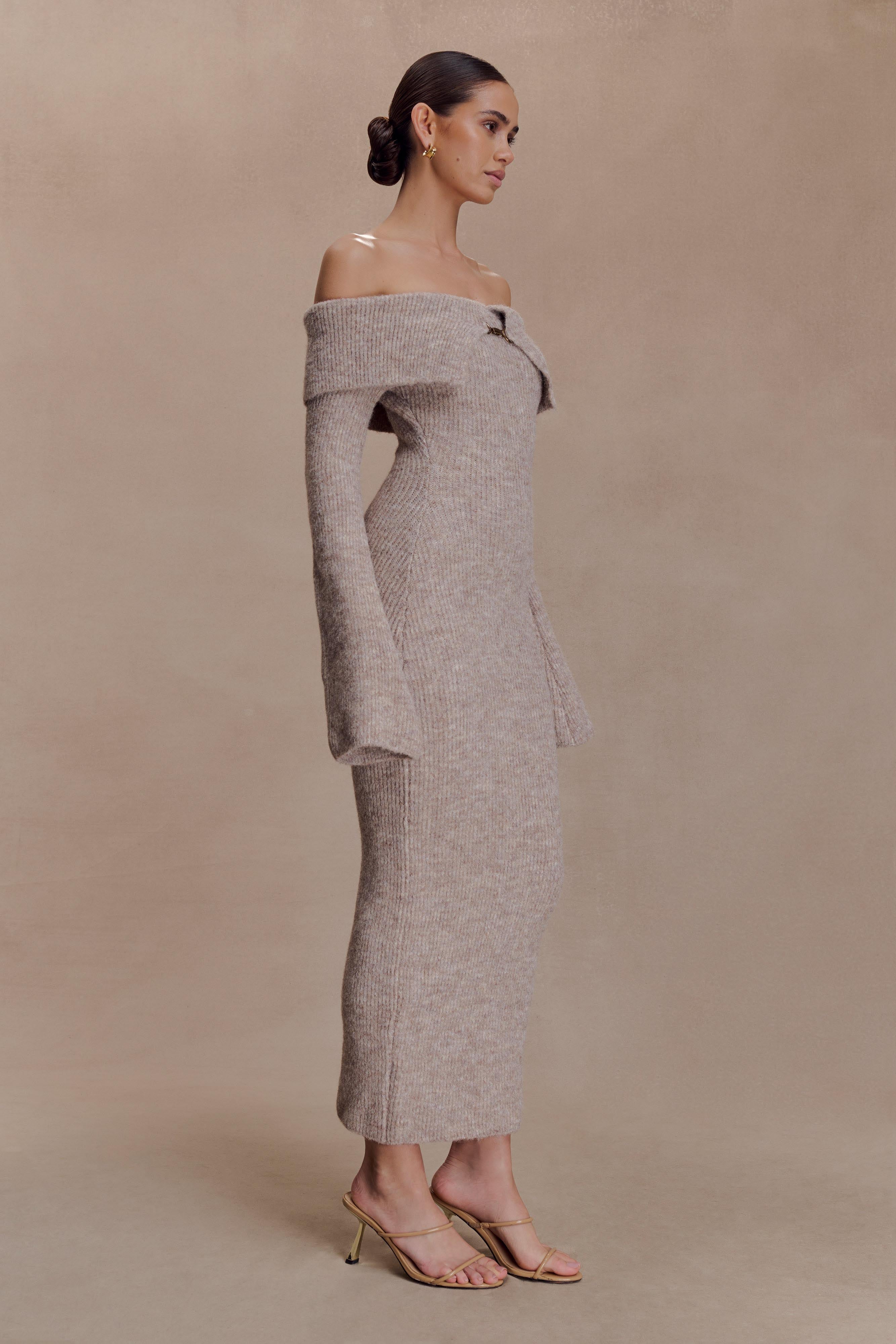 Baxter Off Shoulder Fluffy Knit Midi Dress - Taupe Marle