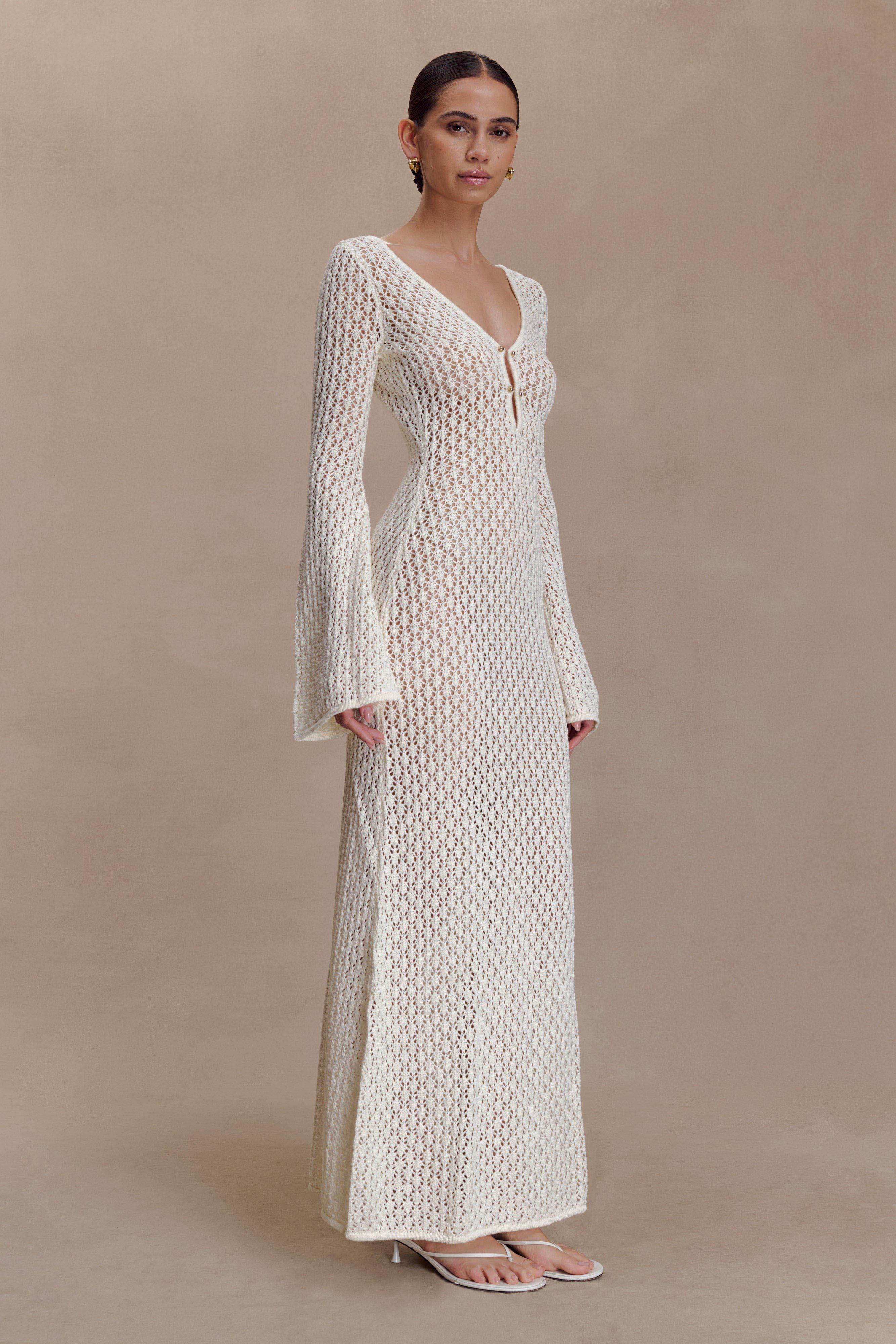 Kayleigh Crochet Fishtail Flare Sleeve Maxi Dress - White